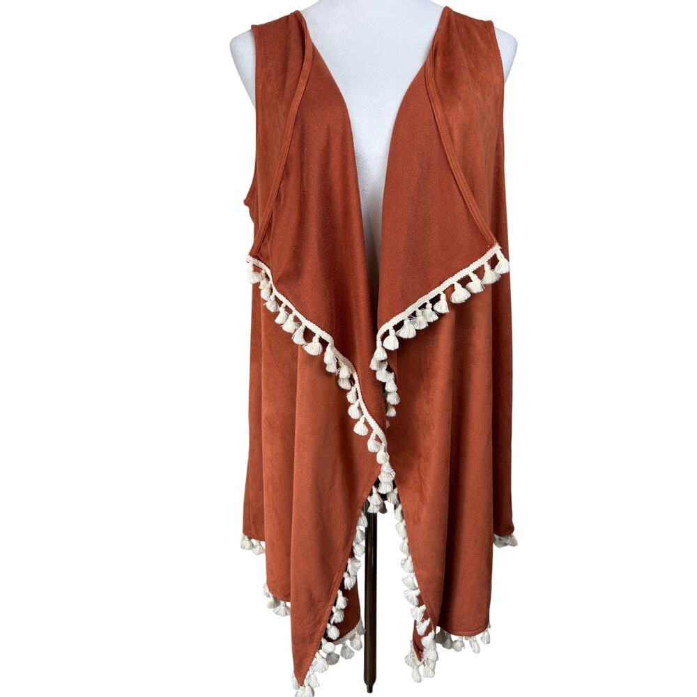 Precious Things‎ Women's Sz L Vest Faux Leather w/ Fringe Open Front Classic